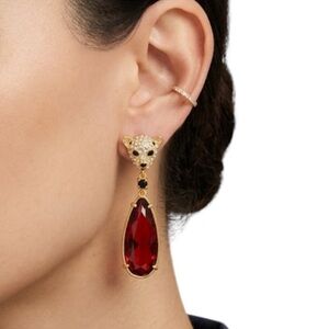 Leopard Head Red Teardrop Earrings Gold Tone Statement Jewelry NWT